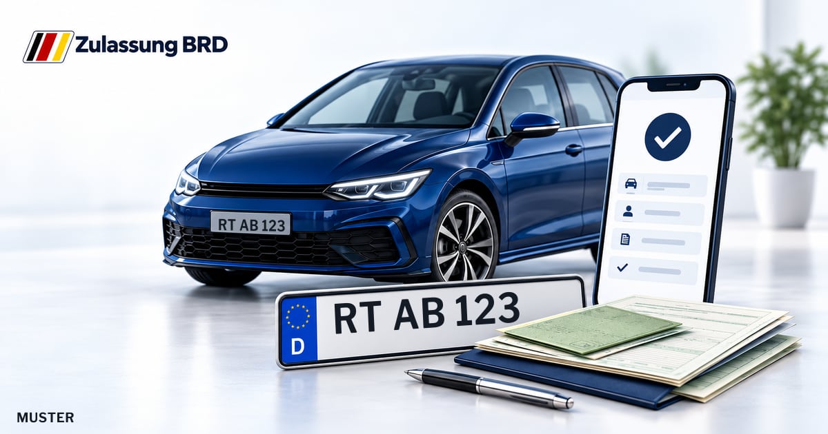 Online Fahrzeugzulassung in Pfullingen: Musterkennzeichen RT AB 123, Auto und Fahrzeugpapiere und Smartphone. Illustration mit Logo von Zulassung BRD.